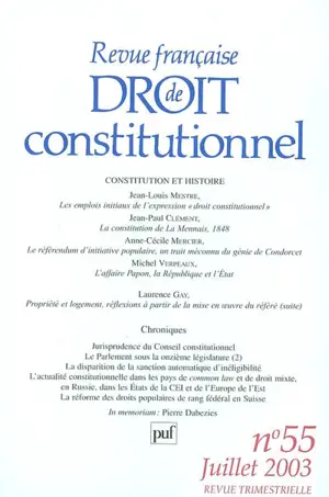 Revue française de droit constitutionnel, n° 55. Constitution et histoire
