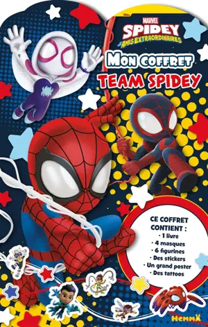 Marvel Spidey et ses amis extraordinaires - Mon coffret Team Spidey ! - Ce coffret contient : 1 livre, 4 masques, 6 figurines, des stickers, un grand poster, des tattoos