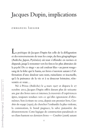 Jacques Dupin, implications - Emmanuel Laugier