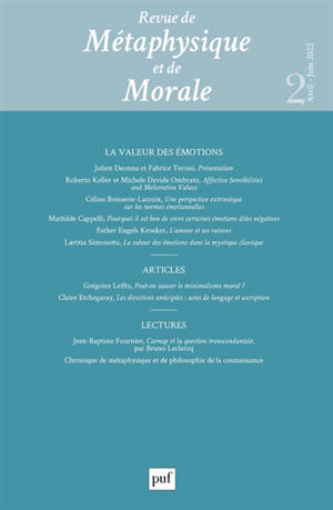 Revue de métaphysique et de morale, n° 2 (2022). La valeur des émotions
