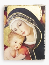 Fresque sur pierre Vierge à l'enfant redorée à la main - Atelier du regard Atelier du regard
